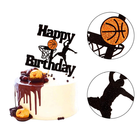 Unimall Basketball Happy Birthday Cake Topper Basketball Scene Themed Cake Fruit Picks for Man Boys Father Birthday Event Party Supply Black Glitt...