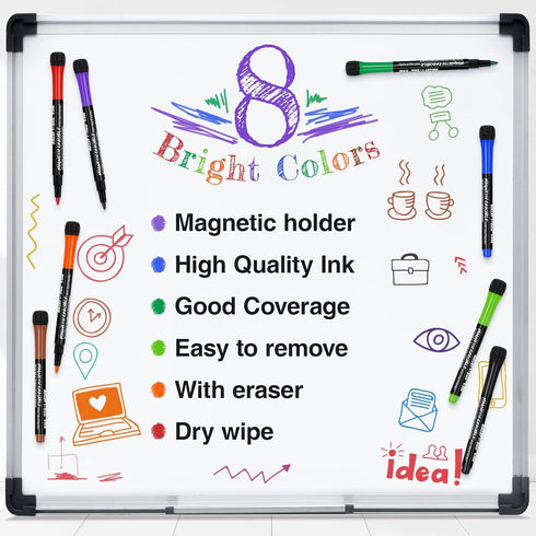 Fine Tip Dry Erase Markers 8 Pack, Magnetic Dry Erase Markers With Eraser, Skinny Low Odor White Board Marker Pens Bullet Tip Fine Point Thin Dry ...