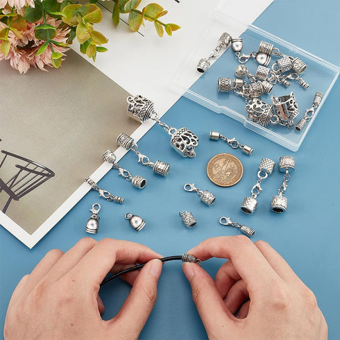 PH PandaHall 20 Sets 10 Styles Leather Cord End Caps Alloy Cord End Caps with Lobster Clasp End Tip with Loop Ring Connector for DIY Crafts Jewelr...