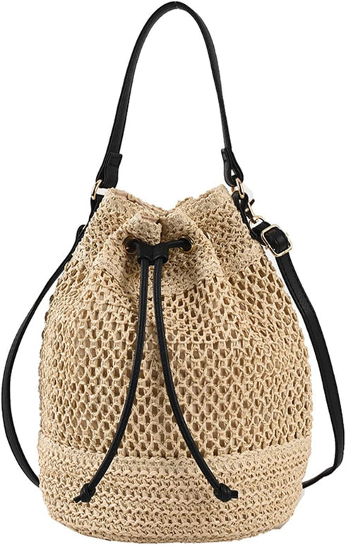 Straw Bucket Bag for Women, Summer Woven Beach Bag Drawstring Hobo Bucket Purses Handbag for Vacation...