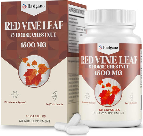Red Vine Leaf & Horse Chestnut Extract Capsule Supplements (Vitis Vinifera) 1500mg -Premium Extract for Healthy Veins, Circulation, Heart, Skin...
