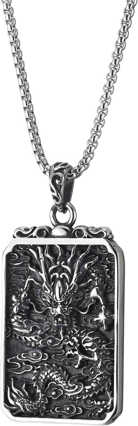 COOLSTEELANDBEYOND Mens Steel Vintage Flying Dragon Chinese Character Dog Tag Pendant Necklace Oxidized Black, Two-side...