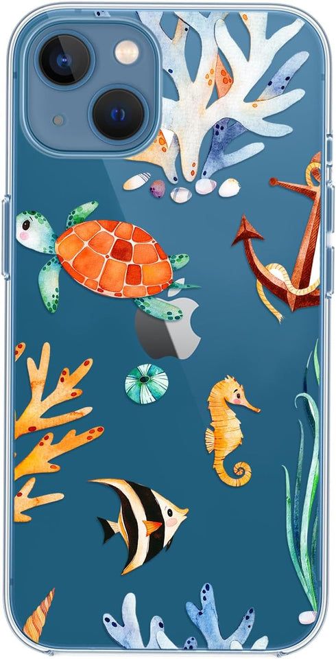 for iPhone 12 Case (6.1 inch), Fun Turtle Design with Ocean Fish Pattern Cute Animal Beach Style Transparent Soft TPU Protective Clear Case (Ocean...