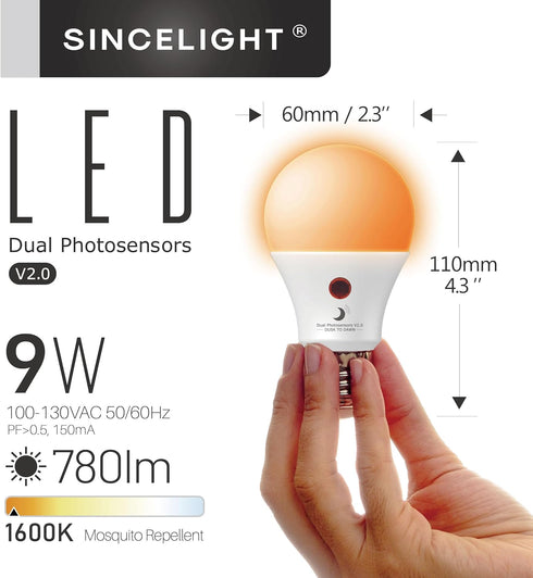 Dusk to Dawn LED Mosquito Bulb with Dual DayLight Sensor,Bug Free & ON/OFF Automatic Depends On DayLight Level,9 Watt,Edison Screw E26,Pack of 2...