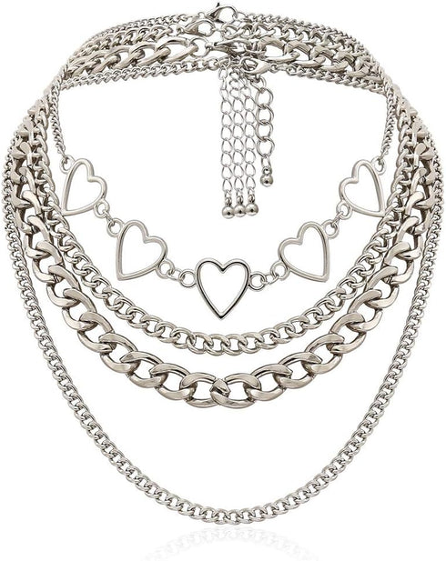 Punk Link Chain Choker Necklace Set 4Pcs Hollow Heart Choker Hiphop Chunky Chain for Women...