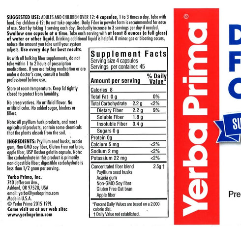 Yerba Prima Daily Fiber Formula - 180 caps (Pack of 2) - Soluble & Insoluble Dietary Fiber Supplement - Colon Cleanse - Gut Health - Vegan, Non-GM...