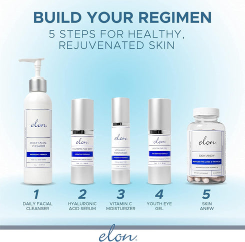 Elon Skin Anew with Hydrolyzed Collagen & Hyaluronic Acid & Antioxidants | Hydrating & Anti Aging Skin Supplement for Vibrant Skin Health (90 caps...