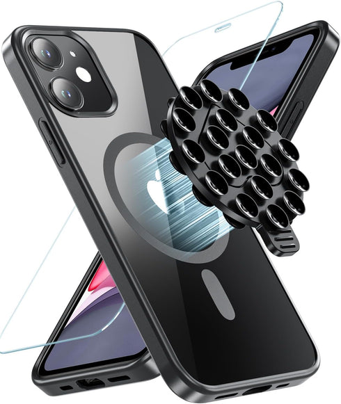 Fin2feel Magnetic Case for iPhone 11 Phone Case with Glass Screen Protector, with Suction Cup Phone Mount Stand for TikTok Videos Selfies, Sticky ...