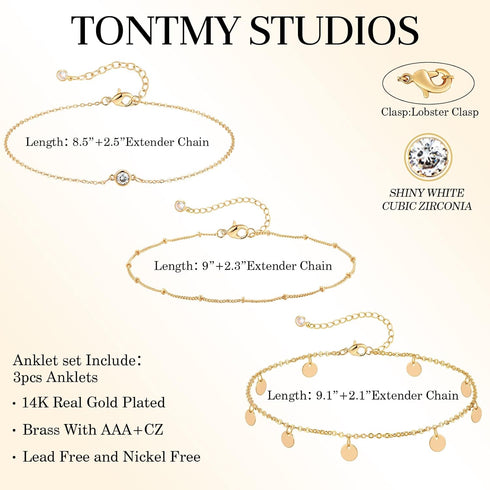 Anklet Bracelets for Women 14K Gold Jewelry Set Waterproof Layered Tennis Satellite Link Chain Anklets Set Gold Anklets Adjustable Size 3pc...