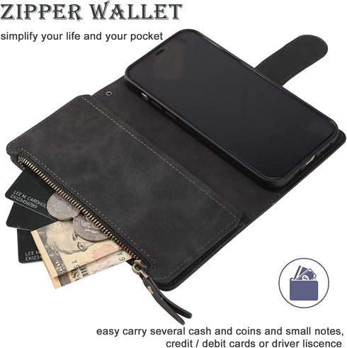 RANYOK Wallet Case Compatible with iPhone 12/12 Pro (6.1 inch), Premium PU Leather Zipper Flip Folio Wallet RFID Blocking with Wrist Strap Built-i...