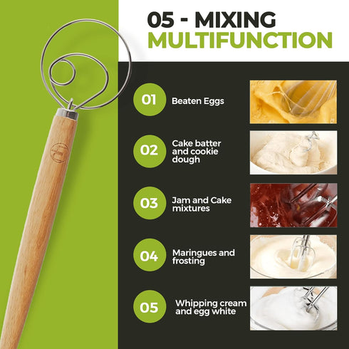 LHU Premium Original Danish Dutch Whisk for Better Batter and Bread Dough Recipes, Stainless Steel/Beechwood, Includes Cleaning Brush, Large, 13.5...