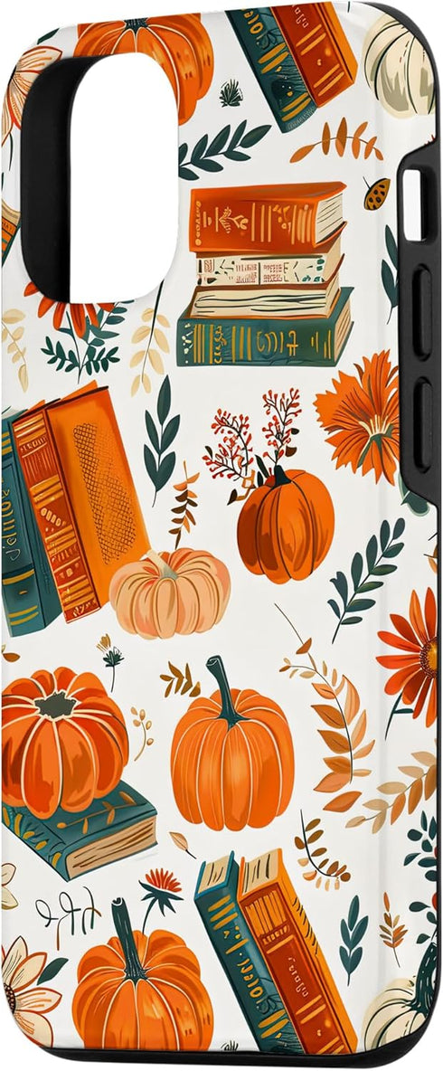 iPhone 15 Vintage Pumpkin Fall Leaves & Book Pattern Bookish Bookworm Case...