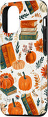iPhone 15 Vintage Pumpkin Fall Leaves & Book Pattern Bookish Bookworm Case...