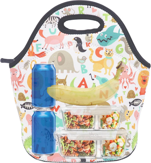 Neoprene Lunch Bag for Kids, Insulated Lunch Box Tote for Women Men Adult Teens Boys Teenage Girls Toddlers (Alphabet Animals)...