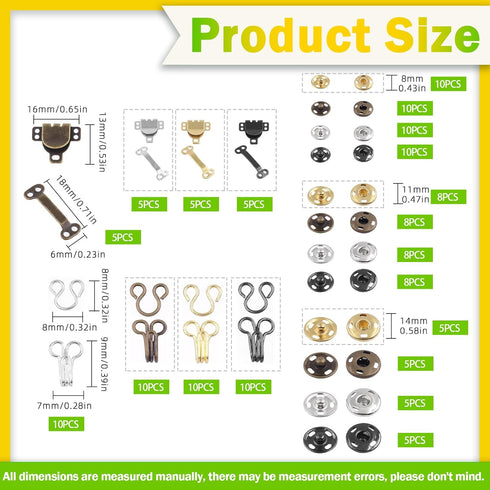 Keadic 152Pairs 3 Style Sewing Hooks and Eyes Closure Assortment Set, 9/10/12mm Metal Snaps Buttons Fasteners Press Studs Clothing Fixing Tools fo...