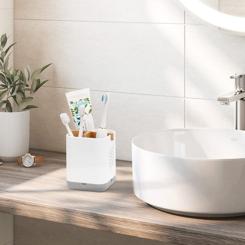 Boperzi Toothbrush and Toothpaste Holder with Bamboo Divider for Bathroom Countertop Organizer, Plastic Detachable Anti-Slip Large Electric Toothb...