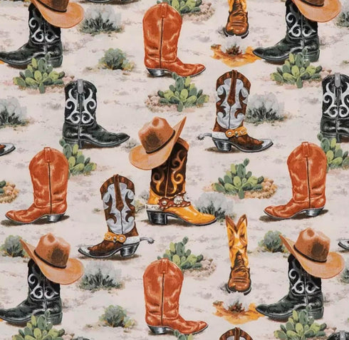 Western Cowboy Boot Calico Cotton Fabric by The Yard - Rodeo Ranch Old West Cowboy Hat Cowboy Boot - Precut Cotton Fabric - One Yard, Brown...