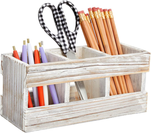 Juvale Rustic-Style Desk Pencil Holder with 3 Compartments - Farmhouse Decor and Wooden Organizer for Pen and Office Accessories...