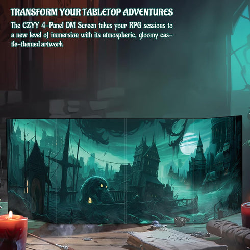 CZYY DM Screen 4-Panel Cardboard Game Master Screen with Erasable & Clear Pockets, Gloomy Castle Artwork Game Master Shield Tool for Dungeon Maste...