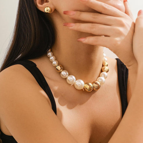 HIIXHC Boho Round Pearl Jewelry Set Chunky Geometric bead Necklace Set for Women Girls...