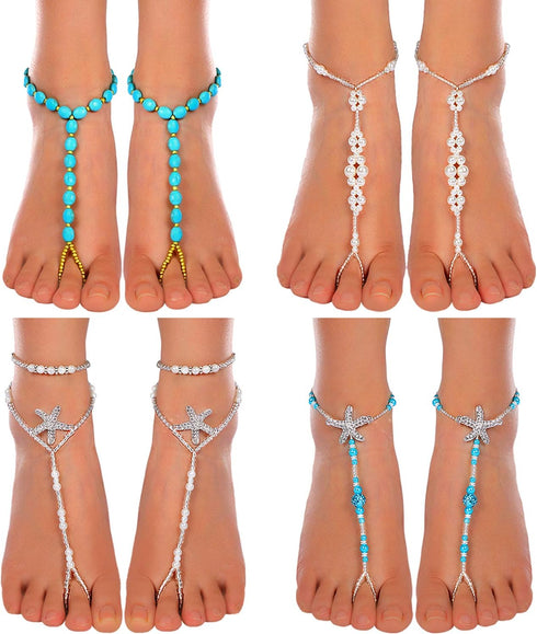 Yaomiao 4 Pairs Foot Jewelry Sandals Anklet Toe Rings Barefoot Chains Starfish Pearls Turquoise Beaded Elastic for Women Wedding Beach Wearing...