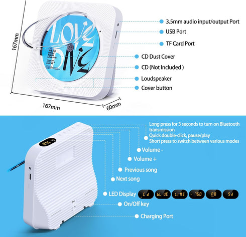 CD Player with Speakers Bluetooth Desktop CD Players for Home Kpop Music CD Player with LED Screen FM Radio Remote Control Timer Support AUX USB T...
