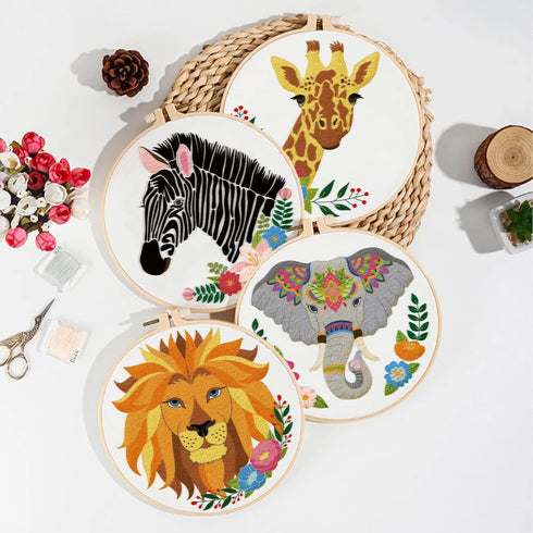 ORIGACH 4 Pcs Wild Animal Embroidery Starters Kit for Beginners, Zebra Lion Elephant Giraffe Embroidery Stitch Practice kit Include Embroidery Clo...