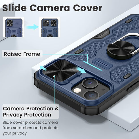 Caka for iPhone 14 Case, iPhone 13 Case with Camera Cover & Kickstand with Built-in 360°Rotate Ring Stand Heavy Duty Protective Phone Cover Case f...