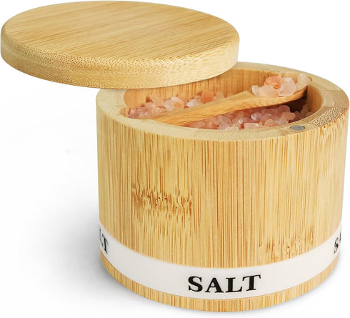 Salt Box Bamboo Salt Container with Swivel Lid and Spoon Small Spice Cellar with Label 8 oz Capacity salt Holder for Countertop with Magnetic to E...