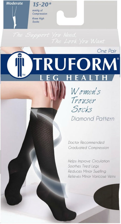 Truform Compression Socks, 15-20 mmHg, Women's Dress Socks, Knee High Over Calf Length, Black Diamond Knit, Medium...