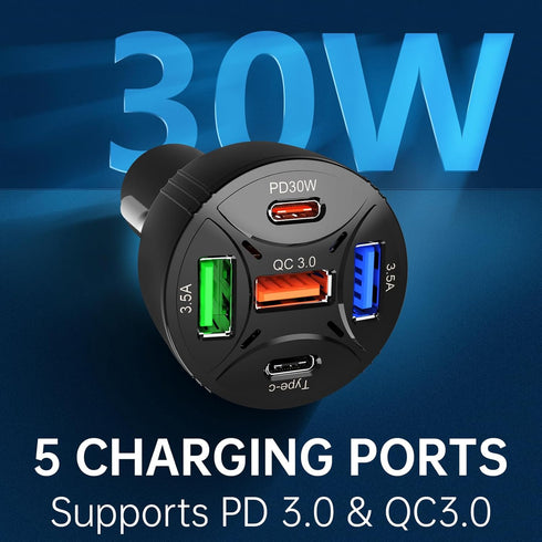 Tomorotec 65W Total, 5-Port USB C Car Charger Adapter Fit for iPhone, Samsung Galaxy, iPad, MacBook, Dash Cam - Multi-Port USB A/C with PD 30W QC ...