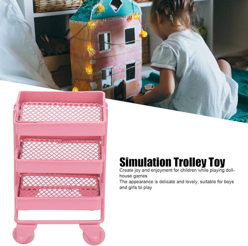 1:12 Miniature Dollhouse Handcart Mini Shopping Cart 3 Layers Storage Display Shelf with Wheels Kitchen Furniture Decoration(Pink)...