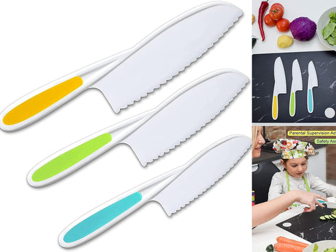 Leking 3 Pcs Kids Kitchen Knife, Plastic Serrated Edges Kids Knife Set for Cooking and Cutting Cakes, Fruits and Veggies, Perfectly Safe for Toddl...