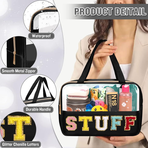 Chenille Letter Clear Makeup Bags Stuff Tote, Preppy Patch Makeup Bag Zipper with Handle, Waterproof PVC & Nylon Portable Glitter Large Cosmetic T...