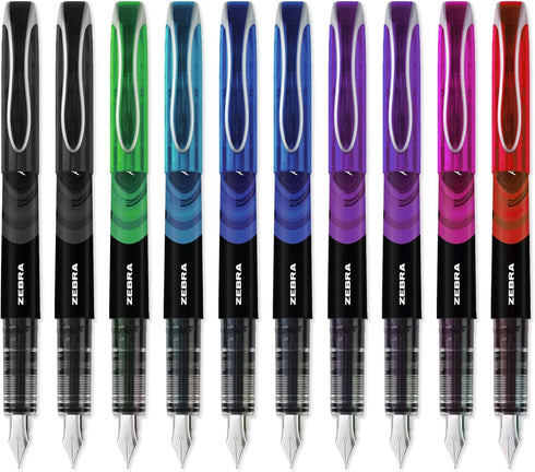 Zebra Fuente - Disposable Fountain Pen - Coloured Ink - Pack of 10 - Includes Pink & Blue Striped Pencil Case...