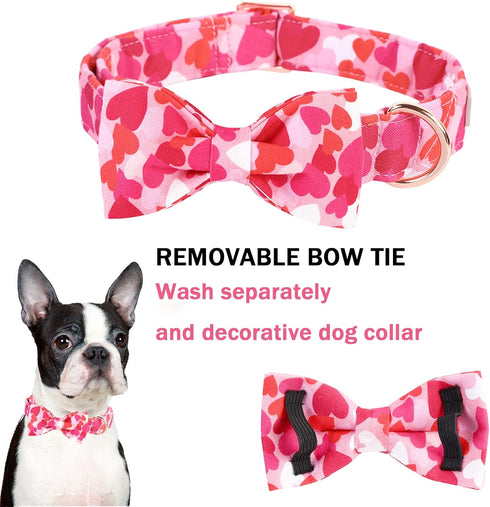 Valentine's Day Dog Collar with Bow Tie, Cotton Love Pink Dog Collar Girl Dog Collar Adjustable Cute Dog Collar with Safety Metal Buckle as Pet Gi...