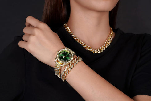 Halukakah Diamonds Gold Watch Iced Out,Women's 18K Real Gold/Platinum White Gold Plated 36MM Width Green/Blue/Red Dial Quartz Wristband 8" with Cu...