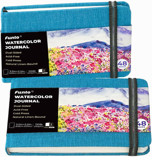 Funto Watercolor Journal, 3.5x5.5, 2 Pack, 48 Pages Each, Blue Cloth Cover?Cold-pressed Watercolor Paper, 110 lb/230 gsm, Art Supplies for Waterco...
