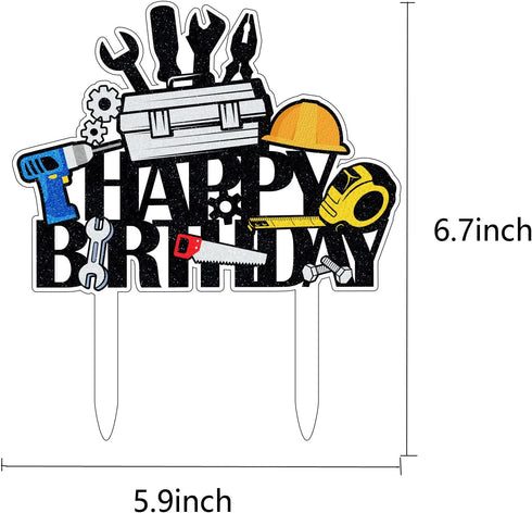 Tools Cake Topper - Acrylic Construction Theme Topper for Engineer/Worker/Dad Birthday or Labor Day Party - 5.9x6.7 inches, 1 Count...