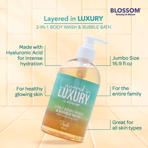 Blossom Layered In Luxury 2-in-1 Scented Body Wash & Bubble Bath with Hyaluronic Acid, Liquid Bath Gel Body Cleanser with Pump for Dry, Sensitive ...