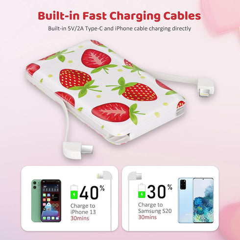 Portable Charger 5000mAh Cute Ultra Slim USB C Power Bank for Girls Mini Fast Charging Small Battery Pack with Built in Cables for iPhone iPad Sam...