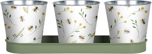 Bee Print Herb Pots with Tray | for Windowsill or Balcony | Indoor or Outdoor Use...
