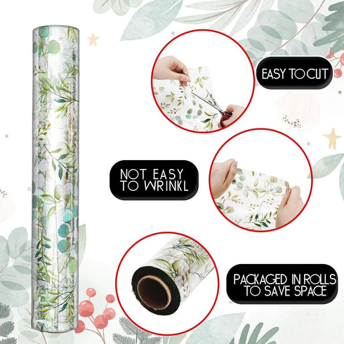 Whaline Eucalyptus Cellophane Wrap Roll Greenery Clear Wrapping Paper Green Leaves Plastic Gift Basket Wrap for Wedding Birthday Baby Shower Party...