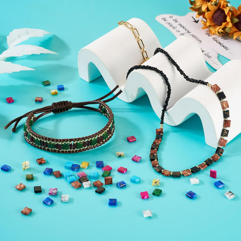 Craftdady 180Pcs Glass Seed Beads 2 Hole Tila Beads 9 Colors Crystal Glass Tile Beads Square Waist Beads Kit for Crafts DIY Multi-Strand Bracelets...