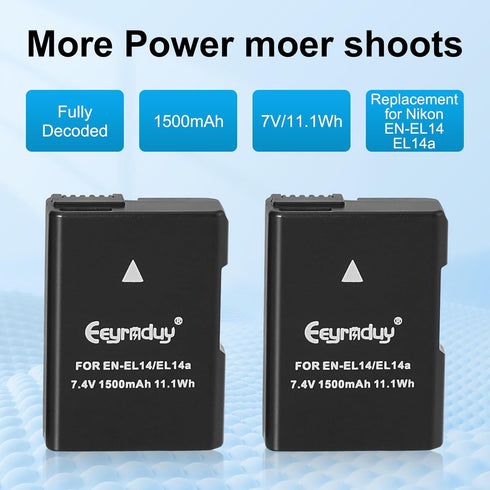 2-Pack of EN-EL14 / EN-EL14a Batteries for Nikon D5100 D5200 D5300 D5500 D5600 D3100 D3200 D3300 D3400 D3500 DF Coolpix P7000 P7100 P7700 P7800 Ca...