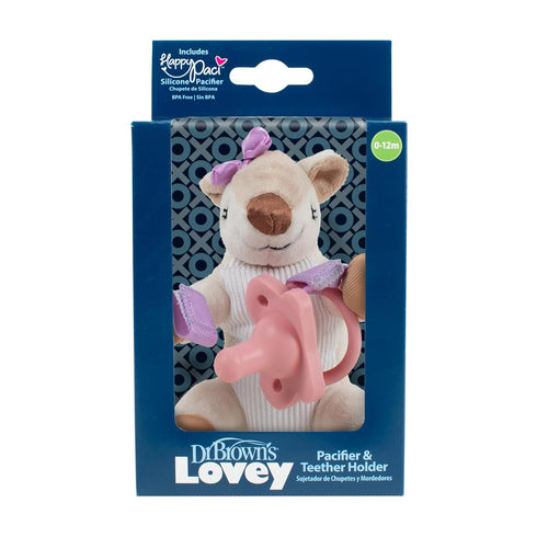 Dr. Brown's Baby Lovey Pacifier and Teether Holder, Deer with Pink HappyPaci, 100% Silicone, 0-6m (Packaging May Vary)...