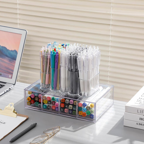 Yesesion Clear Pen Holder for Desk, Plastic Pencil Cup with 5 Compartment for Marker, Ballpoint Pens, Art & School Accessories, Stationery, Crayon...