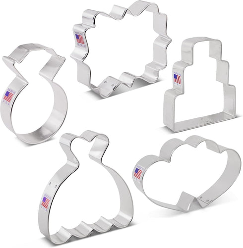 Ann Clark Cookie Cutters Wedding Cookie Cutters 5-Pc Set Made in the USA, Square Plaque, Wedding Cake, Wedding Dress, Diamond Ring, Double Heart...