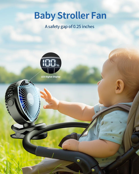 SWEETFULL Portable Clip on Fan - Battery Operated Stroller Fan, 4000mAh Small Rechargeable Fan with LED Display, 4 Speeds, Mini Personal Cooling D...