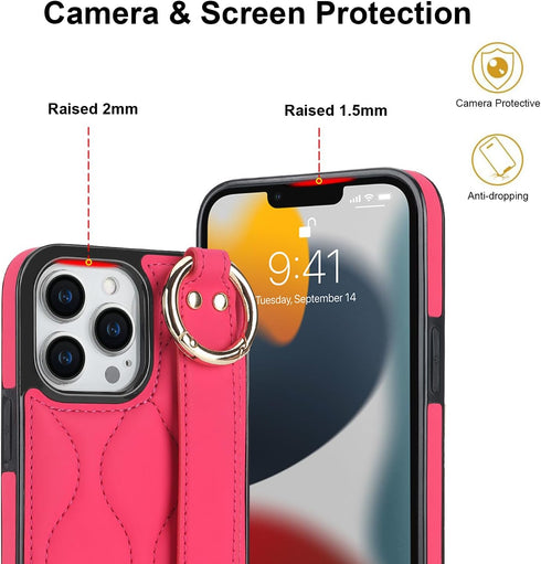 Compatible with iPhone 13 Pro Case 6.1 Inch with Ring and Finger Strap, Shockproof Stylish Protective Cover for iPhone 13 Pro (Rose-red)...